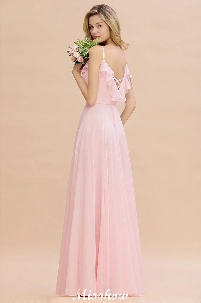 Abito da sera in chiffon rosa caramella con spalline, schiena scoperta, per damigella d'onore