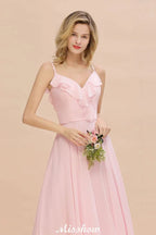 Abito da sera in chiffon rosa caramella con spalline, schiena scoperta, per damigella d'onore