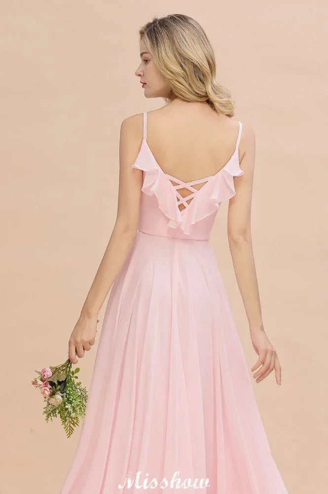 Abito da sera in chiffon rosa caramella con spalline, schiena scoperta, per damigella d'onore