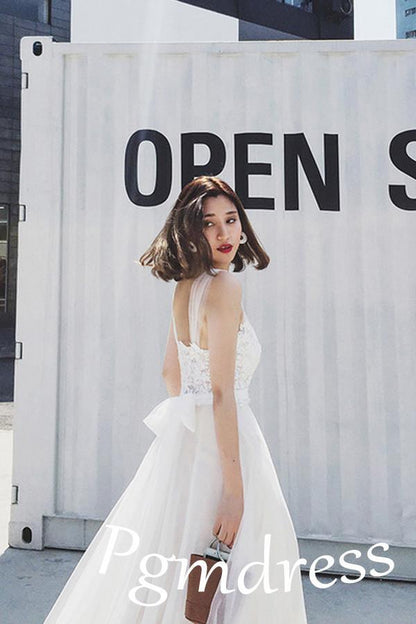 Vestidos de noiva de praia de renda branca com alças e cauda curta WD086