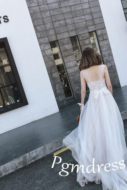 Vestidos de noiva de praia de renda branca com alças e cauda curta WD086