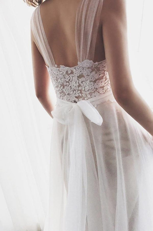 Robe de mariée de plage en tulle et dentelle blanche avec petite traîne WD086
