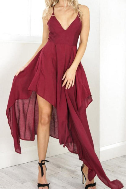 Straps V Neck Burgundy High Low Party Dress Homecoming Dresses