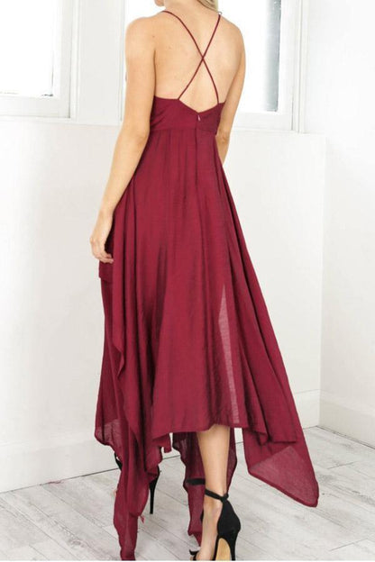 Straps V Neck Burgundy High Low Party Dress Homecoming Dresses