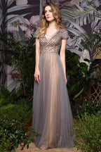 Striking  Aline Long Evening Dress Quincenera Swing Dress Short Sleeves