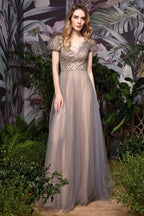 Striking  Aline Long Evening Dress Quincenera Swing Dress Short Sleeves