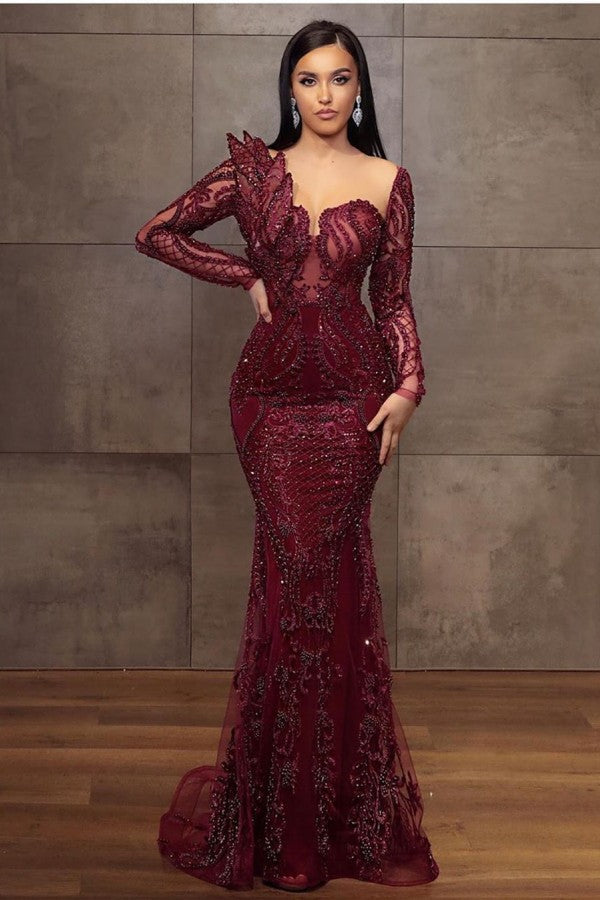 Impresionantes vestidos de noche formales de tul con encaje y escote corazón de sirena color burdeos