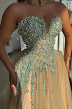 Champagne Sweetheart Sleeveless Aline Prom Dress With Beads And Appliques