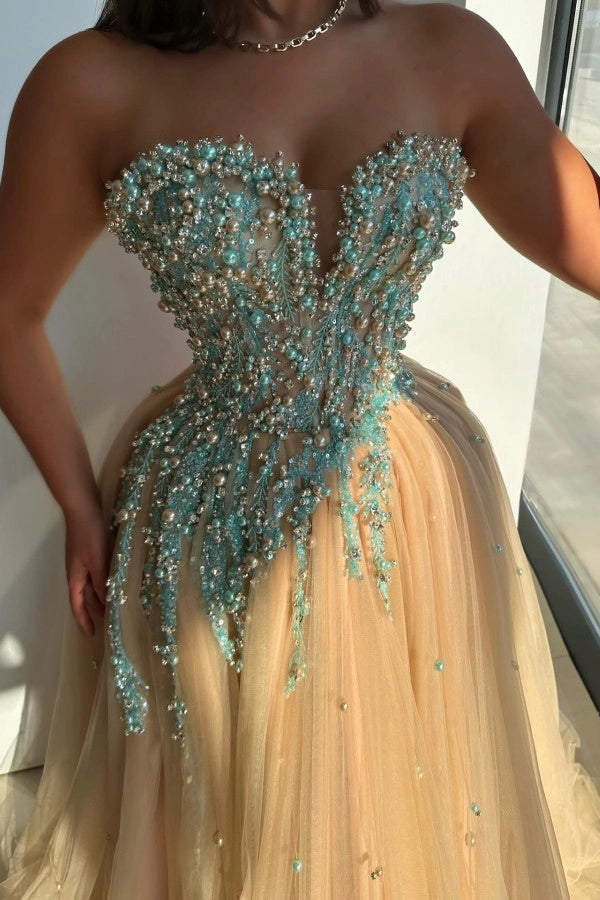 Champagne Sweetheart Sleeveless Aline Prom Dress With Beads And Appliques