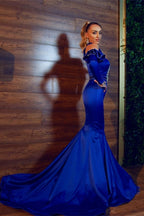 Deslumbrante Vestido de Festa Azul Real com Alças, Cetim, Modelo Sereia, para Noite e Baile