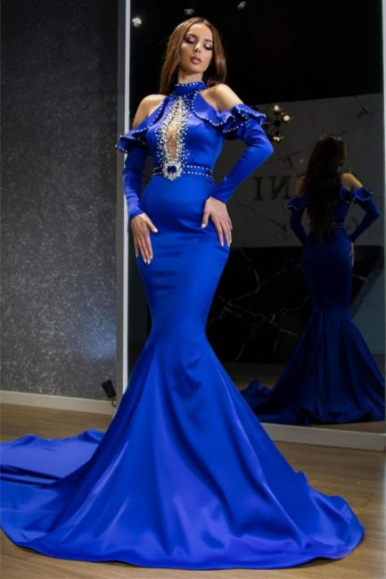 Deslumbrante Vestido de Festa Azul Real com Alças, Cetim, Modelo Sereia, para Noite e Baile