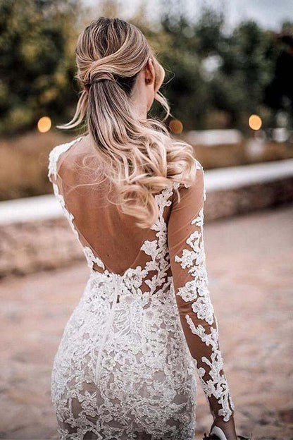 Impresionantes apliques de encaje transparentes de estilo sirena para boda rústica con mangas