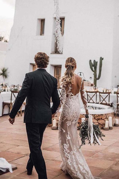 Impresionantes apliques de encaje transparentes de estilo sirena para boda rústica con mangas