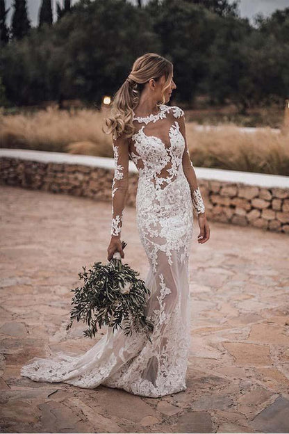 Impresionantes apliques de encaje transparentes de estilo sirena para boda rústica con mangas