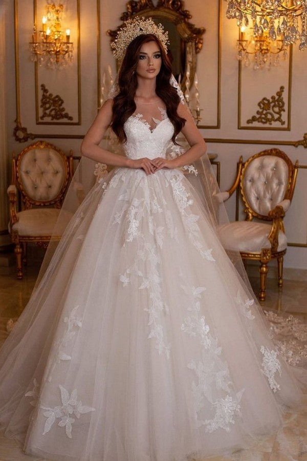 Impresionante vestido de novia largo de tul con corte en A y apliques de encaje
