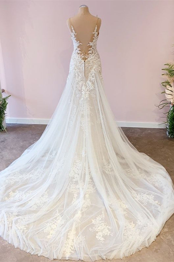 Impresionante vestido de novia largo de corte A con escote en forma de corazón de tul y apliques de encaje