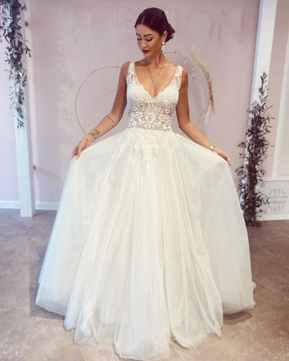 Stunning Long A-Line V-neck Backless Wedding Dress With Appliques Lace