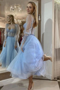 Deslumbrante Vestido de Baile Comprido Azul em Linha A com Decote Coração, Mangas Compridas e Tule com Brilho