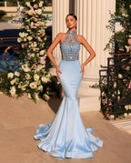 Abito da sera sirena lungo blu con scollo a V, pizzo e perline, maniche lunghe