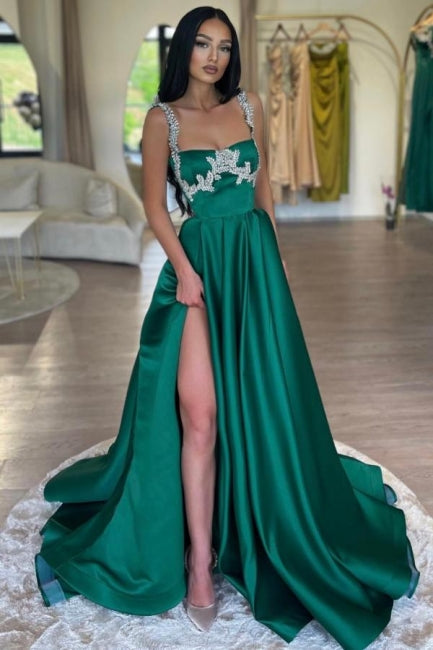 Splendido abito da sera lungo verde scuro a linea ad A senza maniche in raso con strass e spacco