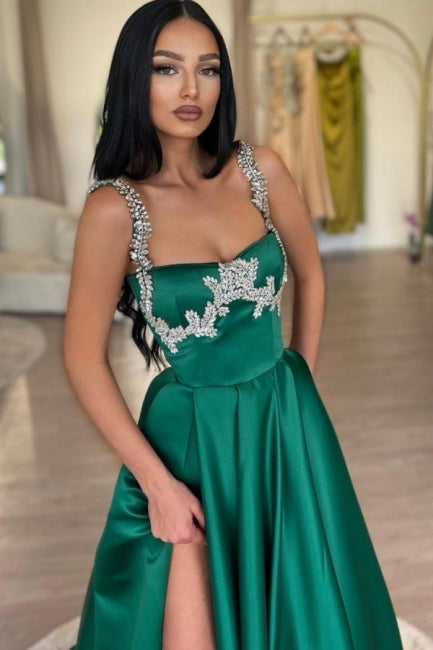 Splendido abito da sera lungo verde scuro a linea ad A senza maniche in raso con strass e spacco