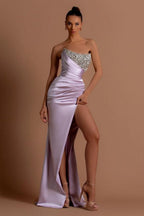 Splendido abito lungo lilla a colonna senza spalline con paillettes e perline per ballo con spacco