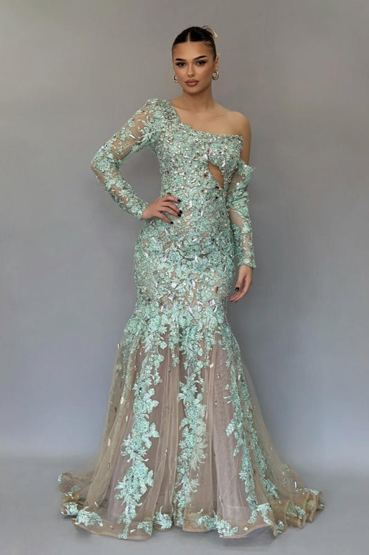 Impresionante vestido de fiesta largo de sirena con un solo hombro, encaje y cuentas, con mangas largas