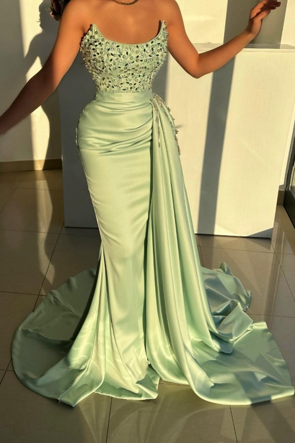 Splendido Abito da Sera Lungo a Sirena Salvia Senza Spalline con Perline e Gioielli Senza Maniche