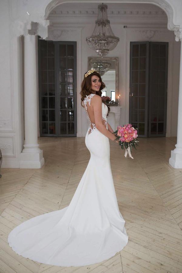 Stunning Mermaid Sleeveless Lace Wedding Dress Zipper Button