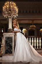 Atemberaubendes schulterfreies weißes, florales Meerjungfrau-Brautkleid im schlanken Sweetheart-Stil, langes Brautkleid mit abnehmbarem Schwanz 