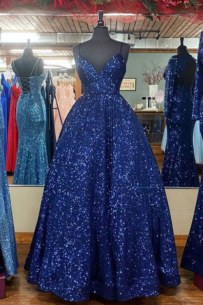 Impresionante vestido de fiesta largo de corte A con lentejuelas rosas