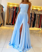 فستان سهرة ساتان رائع بحمالات رفيعة وشق جانبي