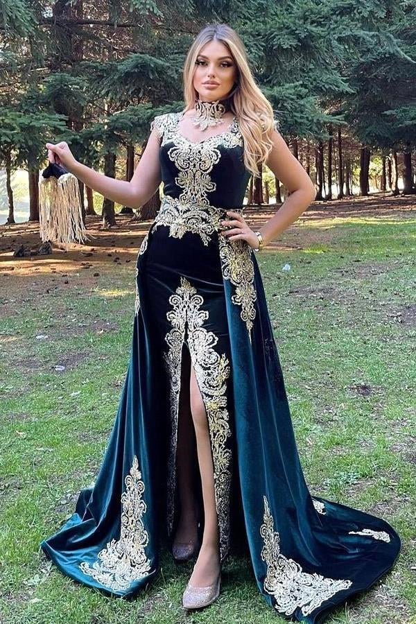 Impresionante vestido de noche de terciopelo sin mangas con apliques dorados, vestido formal con cola desmontable y abertura lateral.