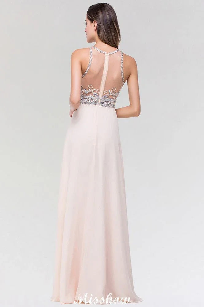 Elegante abito da damigella d'onore a linea ad A in chiffon e tulle, senza maniche, con scollo a barchetta e lunghezza fino al pavimento, decorato con perline