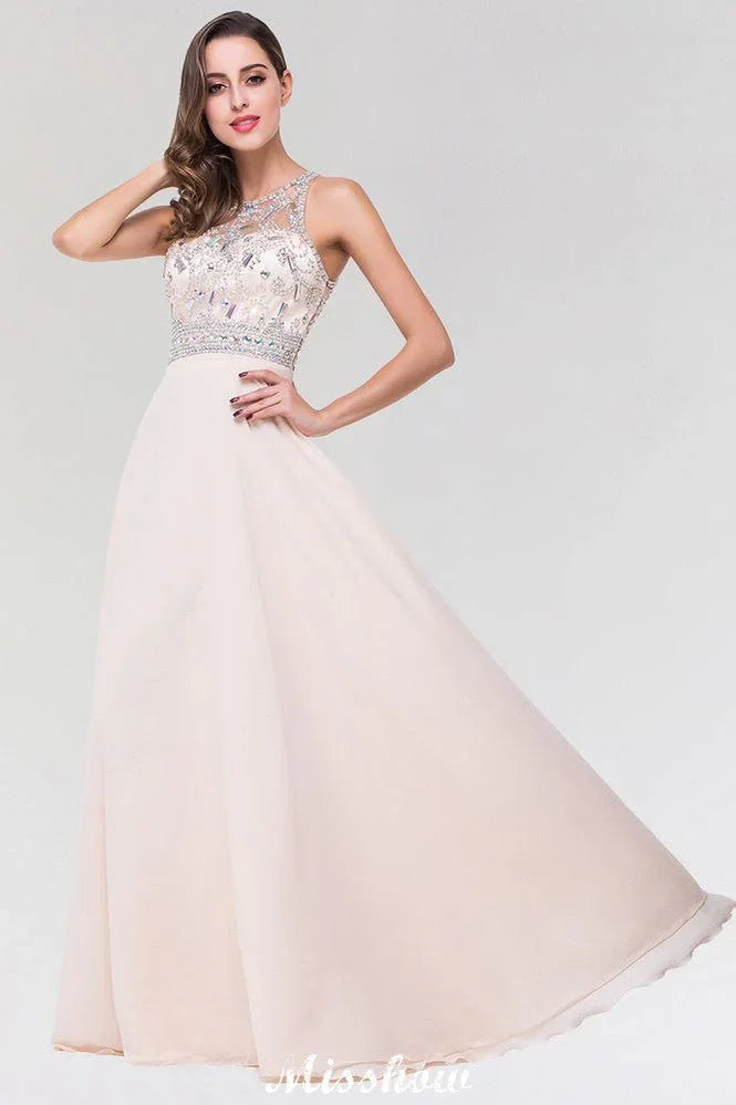 Elegante abito da damigella d'onore a linea ad A in chiffon e tulle, senza maniche, con scollo a barchetta e lunghezza fino al pavimento, decorato con perline