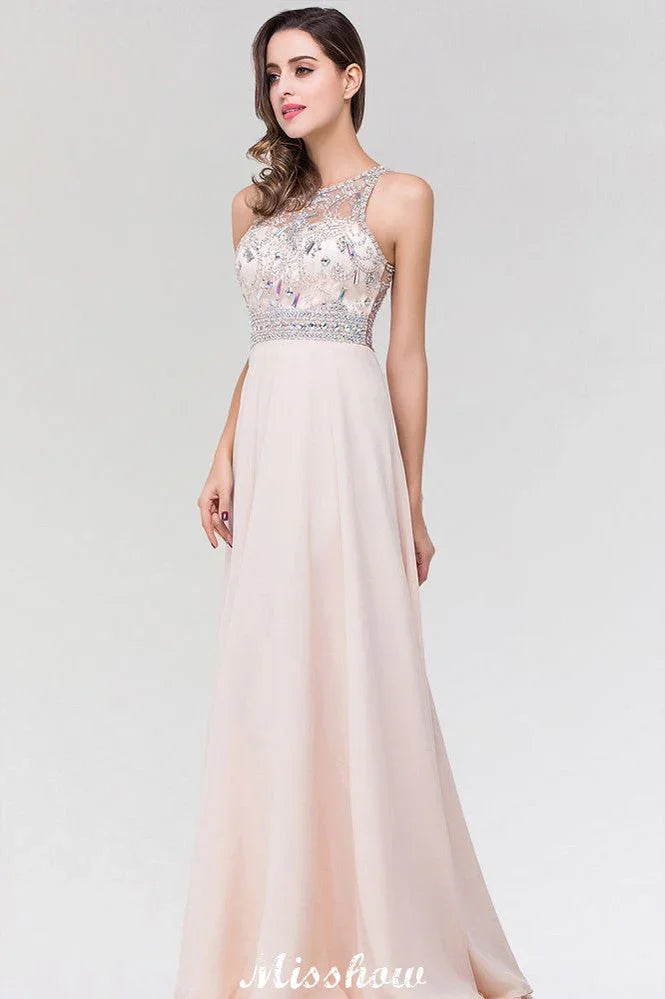 Elegante abito da damigella d'onore a linea ad A in chiffon e tulle, senza maniche, con scollo a barchetta e lunghezza fino al pavimento, decorato con perline