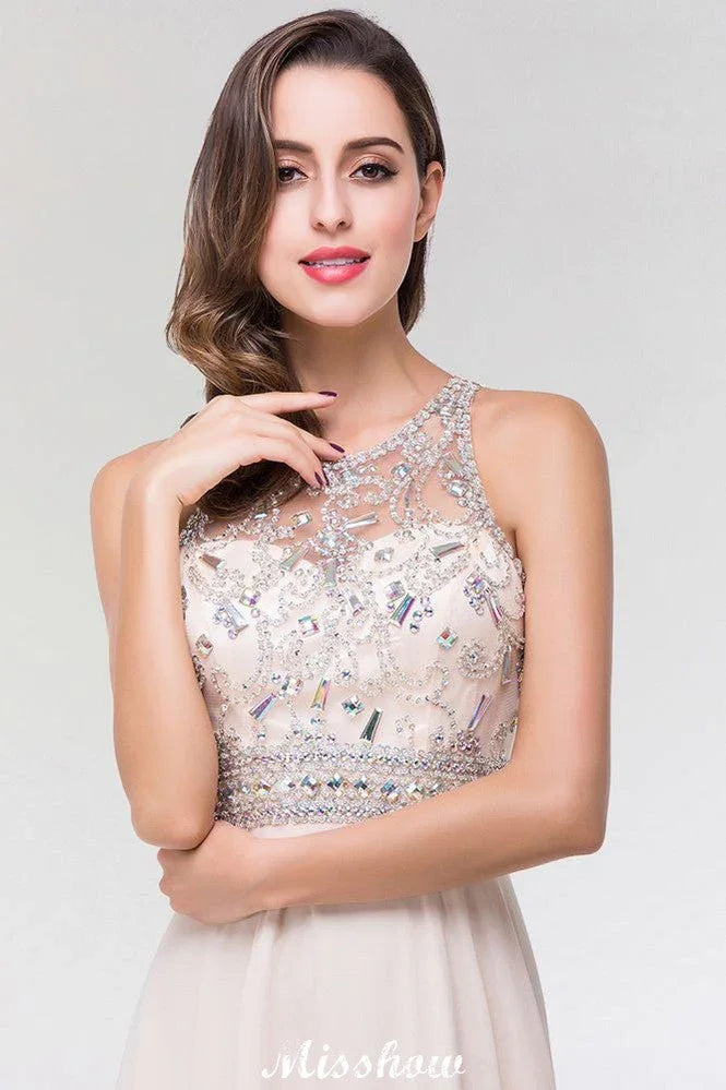 Elegante abito da damigella d'onore a linea ad A in chiffon e tulle, senza maniche, con scollo a barchetta e lunghezza fino al pavimento, decorato con perline