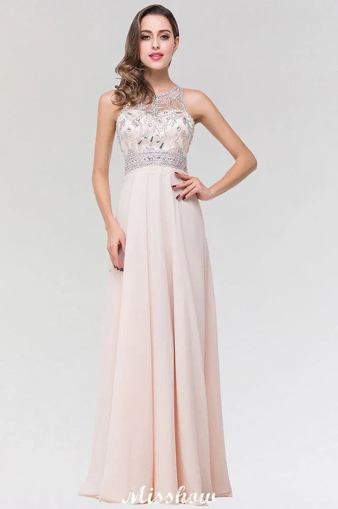 Elegante abito da damigella d'onore a linea ad A in chiffon e tulle, senza maniche, con scollo a barchetta e lunghezza fino al pavimento, decorato con perline