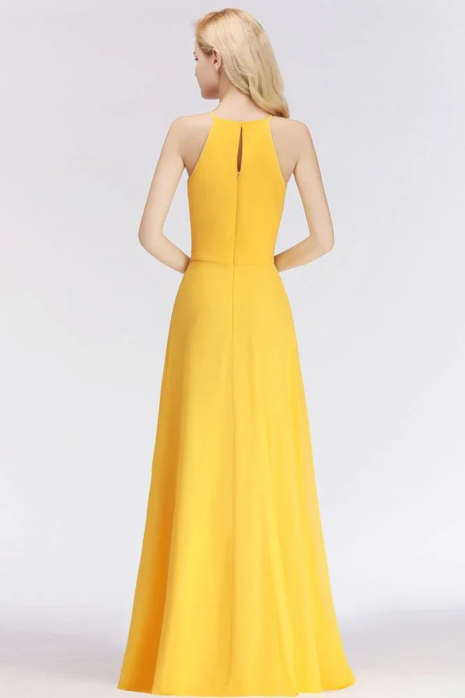 Robes de demoiselle d'honneur jaunes élégantes, longues jusqu'au sol, sans manches, à encolure américaine et coupe en A