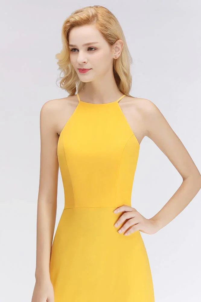 Robes de demoiselle d'honneur jaunes élégantes, longues jusqu'au sol, sans manches, à encolure américaine et coupe en A