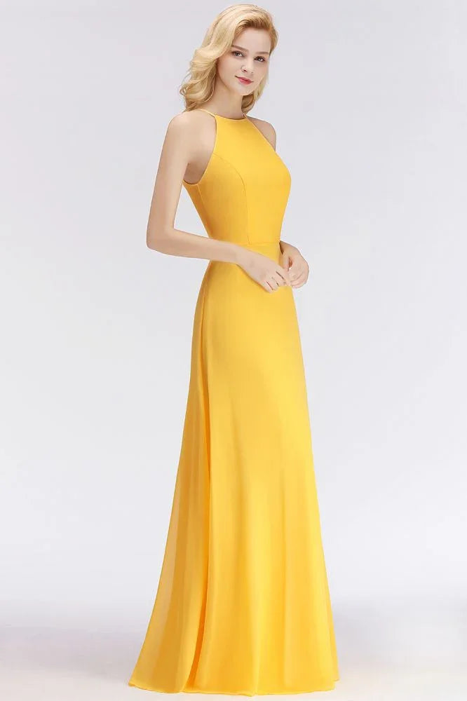 Robes de demoiselle d'honneur jaunes élégantes, longues jusqu'au sol, sans manches, à encolure américaine et coupe en A