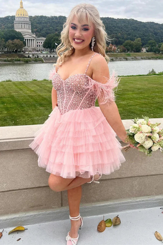 Delia | A-Linien-Schulterfreies Homecoming-Kleid mit Perlenbesatz