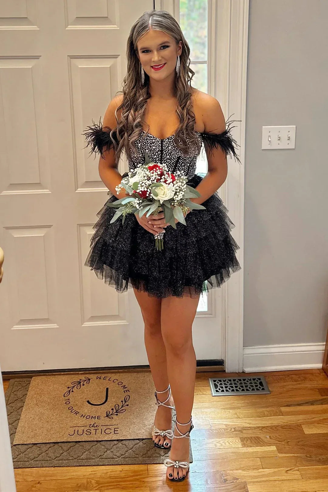 Delia | A-Linien-Schulterfreies Homecoming-Kleid mit Perlenbesatz