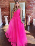 Stylish A-line V Neck Backless Tulle Long Prom Dresses Open Back Formal Graduation Evening Gowns