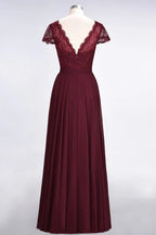 Vestido de Dama de Honra Elegante em Linha A com Decote em V, Mangas Curtas e Comprimento até ao Chão