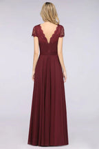 Vestido de Dama de Honra Elegante em Linha A com Decote em V, Mangas Curtas e Comprimento até ao Chão