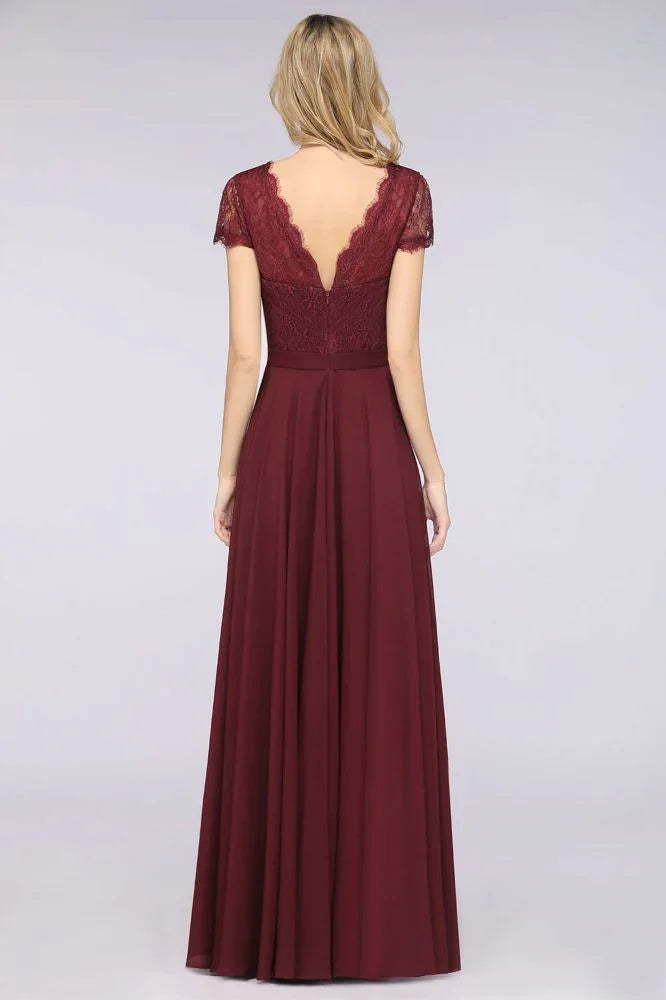 Vestido de Dama de Honra Elegante em Linha A com Decote em V, Mangas Curtas e Comprimento até ao Chão