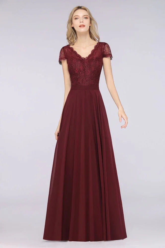 Vestido de Dama de Honra Elegante em Linha A com Decote em V, Mangas Curtas e Comprimento até ao Chão