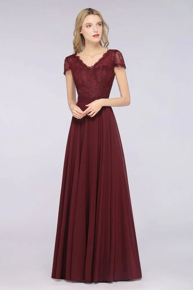 Vestido de Dama de Honra Elegante em Linha A com Decote em V, Mangas Curtas e Comprimento até ao Chão