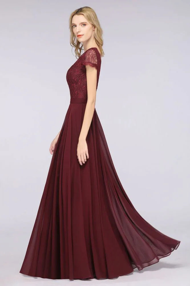 Vestido de Dama de Honra Elegante em Linha A com Decote em V, Mangas Curtas e Comprimento até ao Chão